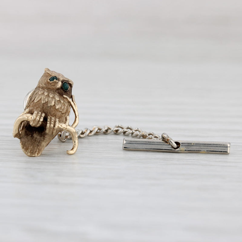 Vintage Perched Owl Tie Tac Pin 14k Yellow Gold Green Glass Eyes