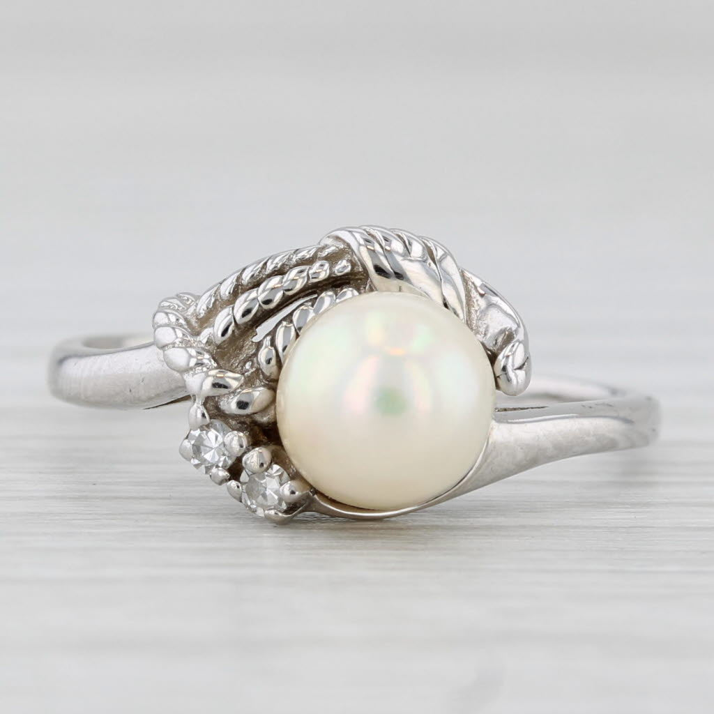 Light Gray Cultured Pearl Diamond Ring 14k White Gold Size 7.5