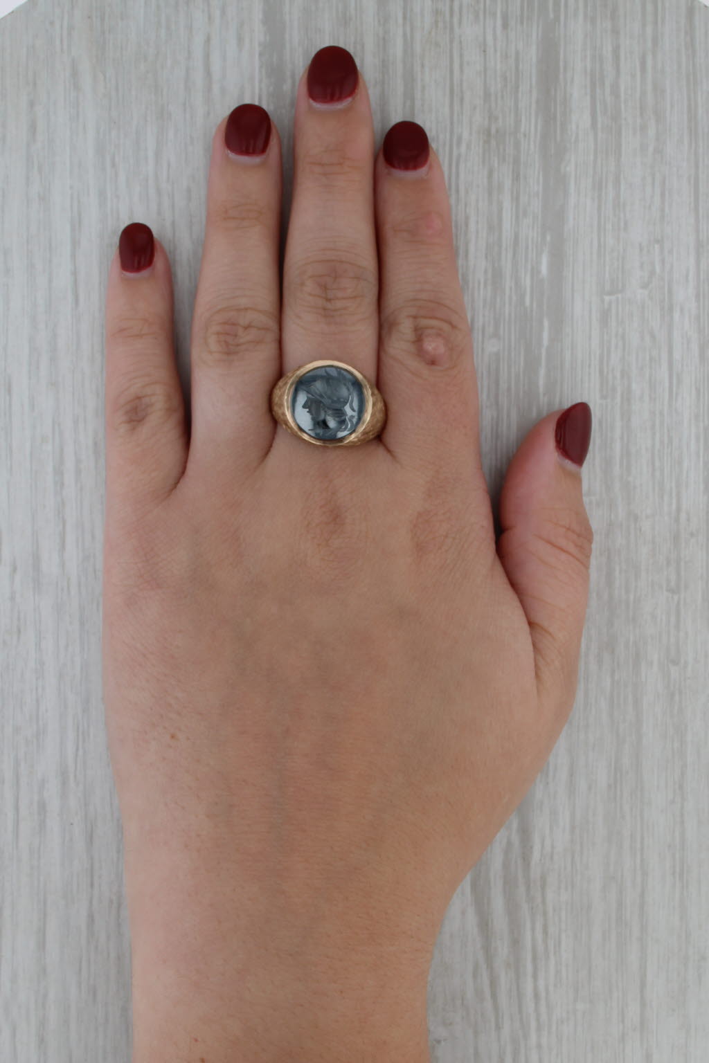 Vintage Hematite Carved Intaglio Ring 10k Yellow Gold Hammered Band Solid Back