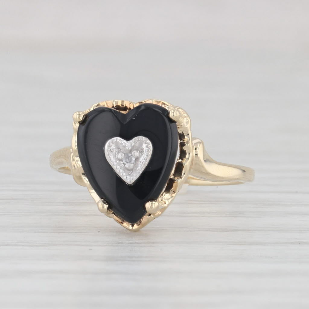 Light Gray Vintage Onyx Heart Diamond Ring 10k Yellow Gold Size 5.5