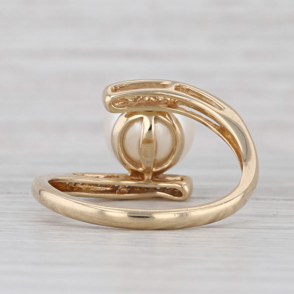 Cultured Pearl Diamond Bypass Ring 14k Yellow Gold Size 7