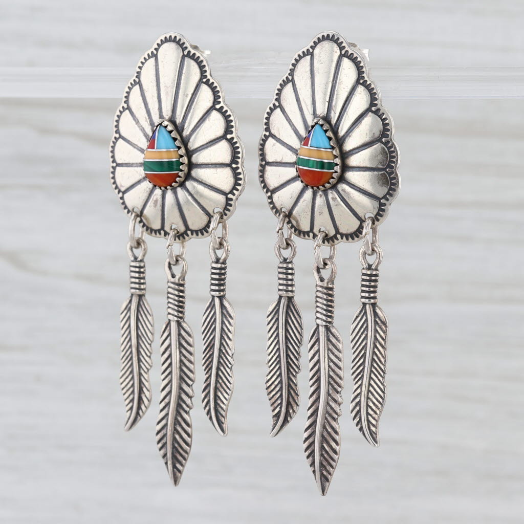 Wheeler Mfg Southwestern Dangle Feather Mosaic Earrings Sterling Silver