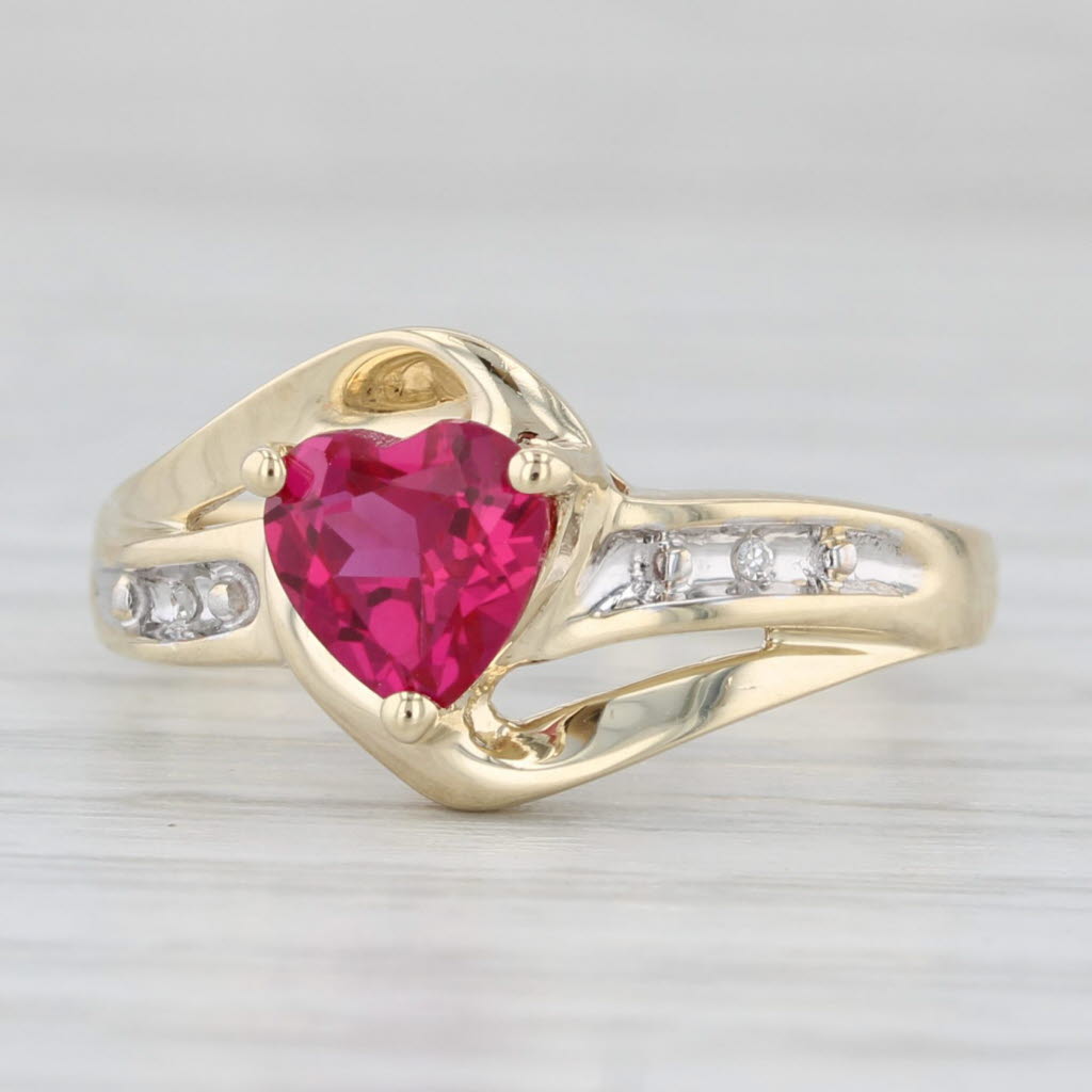 Light Gray Lab Created Ruby Heart Diamond Ring 10k Yellow Gold Bypass Size 7