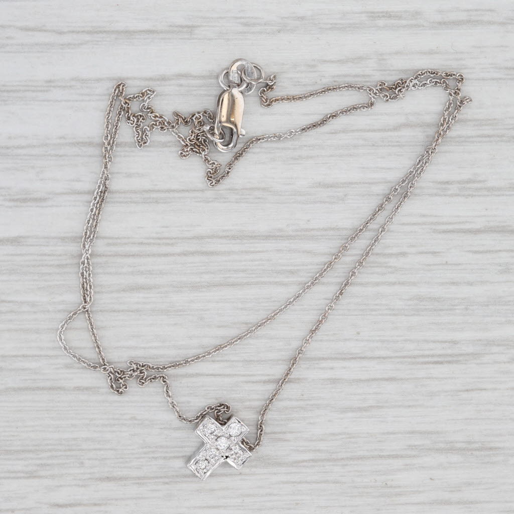 Light Gray 0.12ctw Diamond Small Cross Pendant Necklace 18k White Gold 16.25" Rope Chain