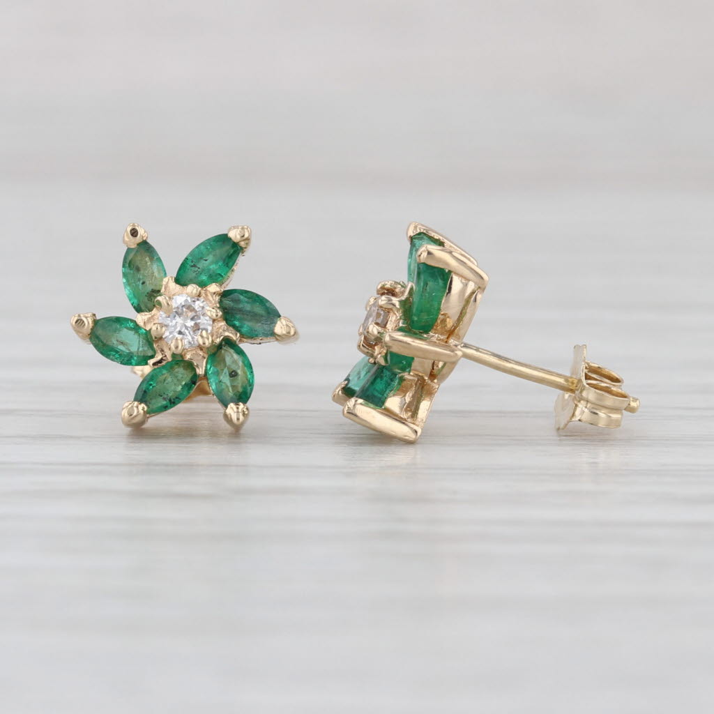 0.79ctw Emerald Diamond Flower Stud Earrings 14k Yellow Gold Studs