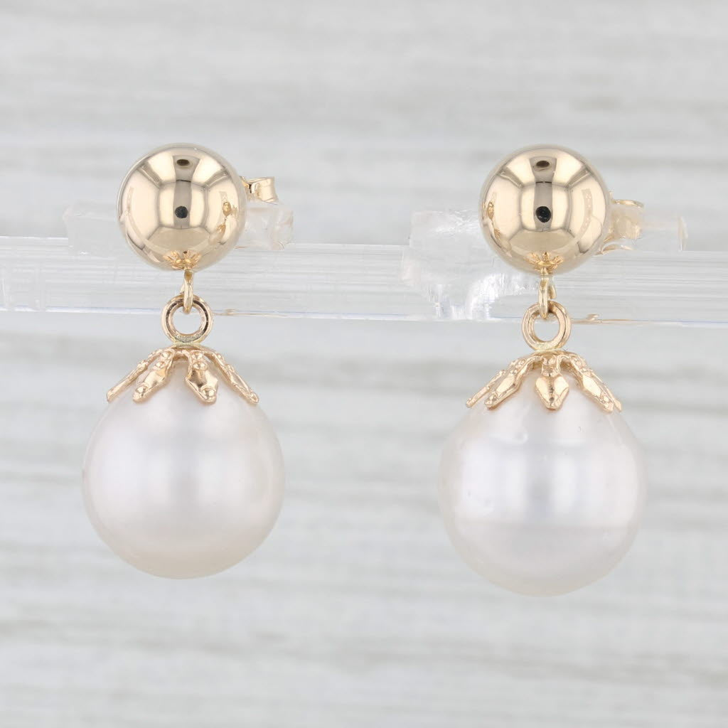 Light Gray Cultured Pearl Bead Drop Earrings 14k Yellow Gold Pierced Dangles