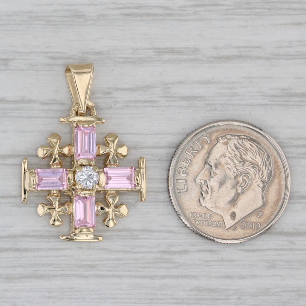 Gray 1.26ctw Pink Ice Cubic Zirconia Jerusalem Cross Pendant 14k Yellow Gold