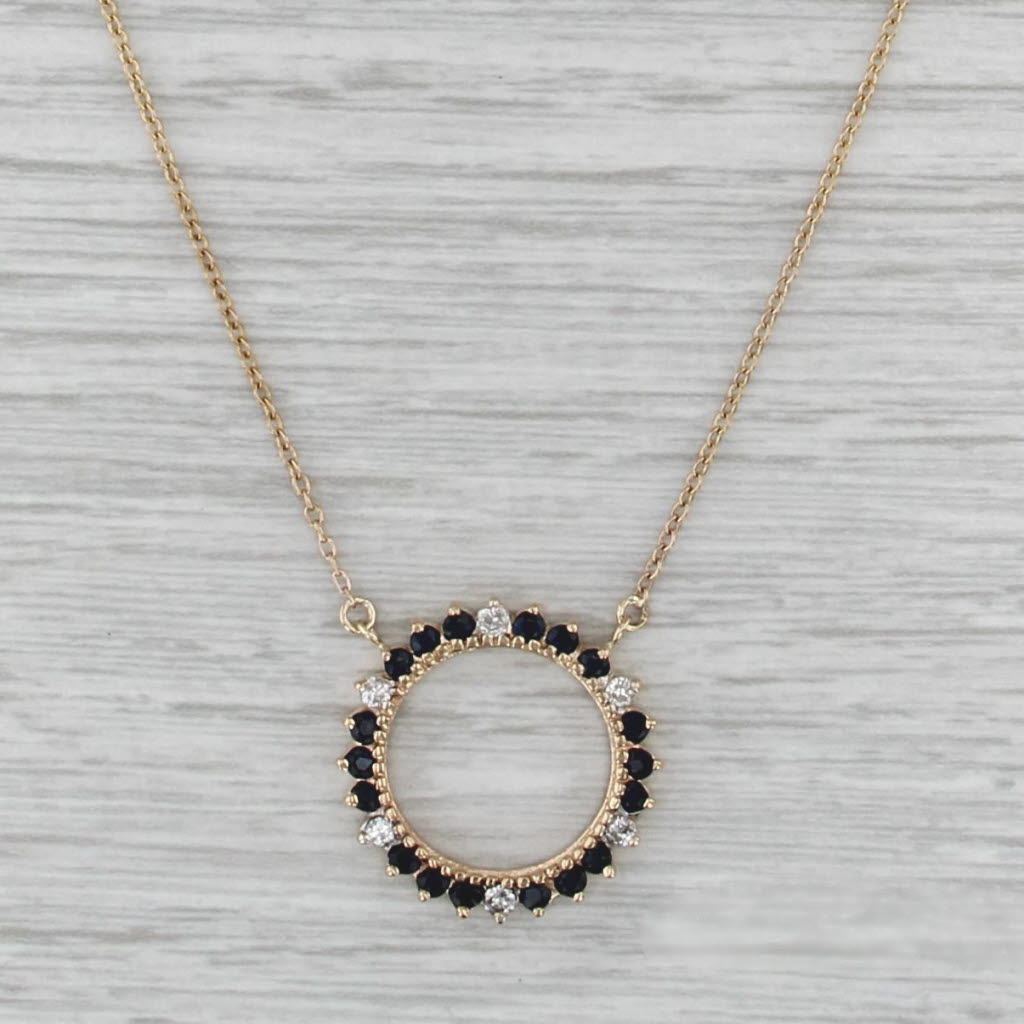 0.46ctw Blue Sapphire Diamond Circle Pendant Necklace 14k Yellow Gold 16.25"