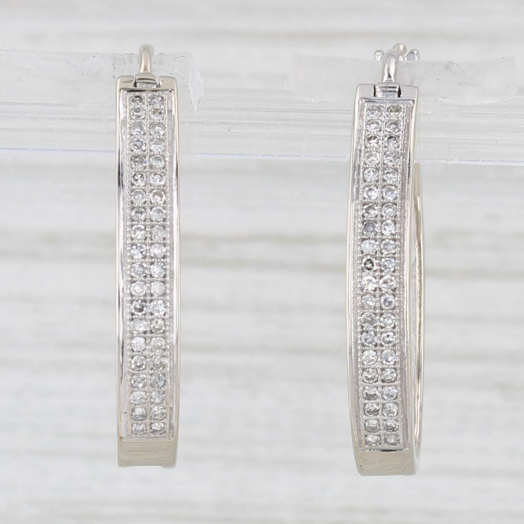 Light Gray 0.18ctw Pave Diamond Hoop Earrings 14k White Gold Snap Top Oval Hoops