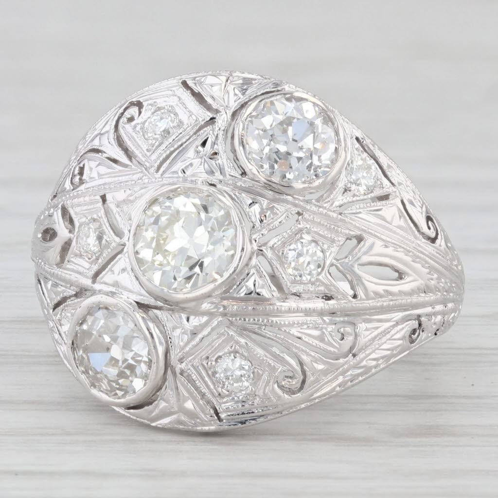 Light Gray Antique 1.66ctw Diamond 3-Stone Ring 18k White Gold Filigree Size 5.5