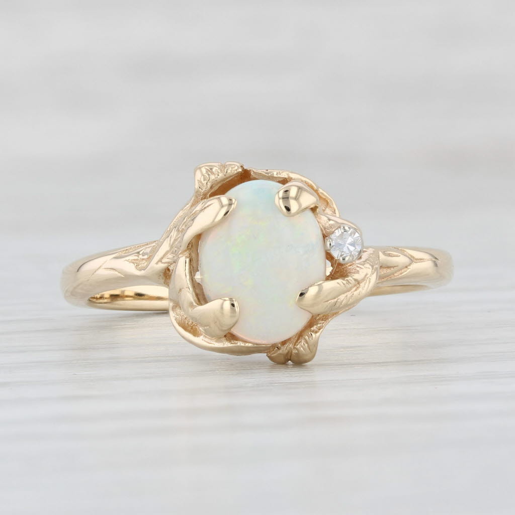 Light Gray Floral Oval Opal Cabochon Diamond Ring 14k Yellow Gold Size 9.25