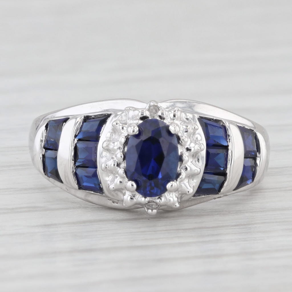 Light Gray 1.15ctw Lab Created Blue Sapphire Diamond Ring 10k White Gold Size 6