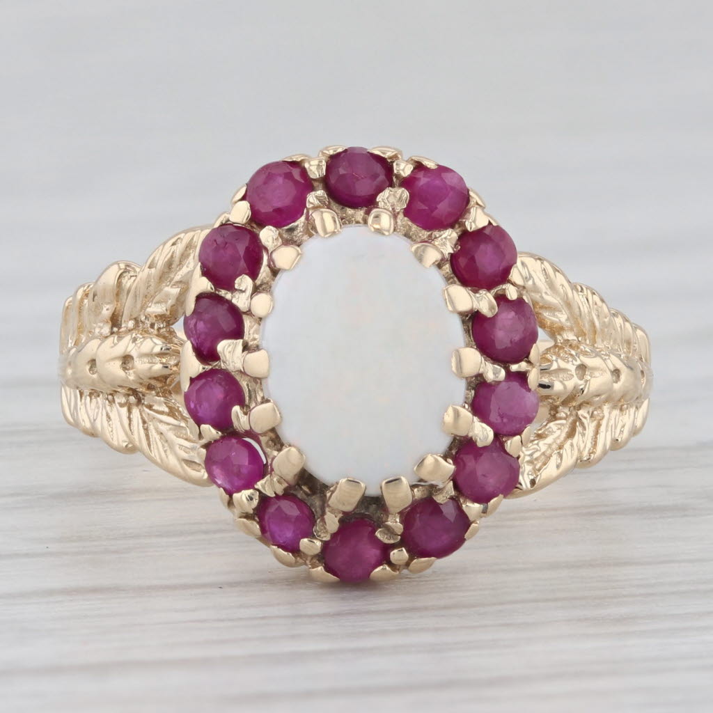 Light Gray Opal Ruby Halo Ring 10k Yellow Gold Size 5.5 Floral Band