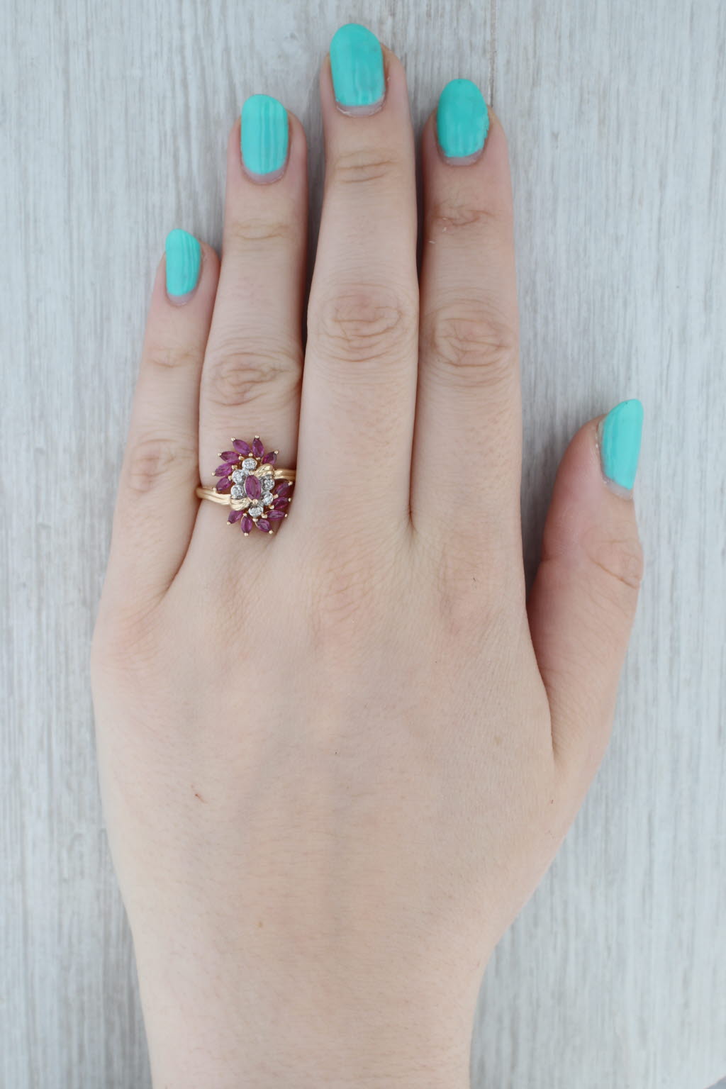 Gray 1.50ctw Ruby Diamond Cluster Cocktail Ring 14k Yellow Gold Size 7.75 Bypass