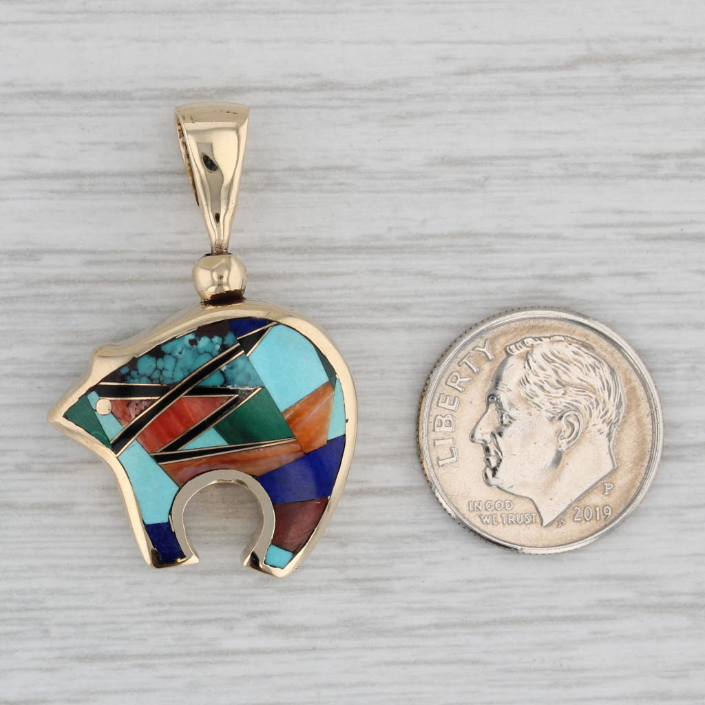 Gray Native American Stone Mosaic Bear Pendant 14k Yellow Gold Zuni Inlay