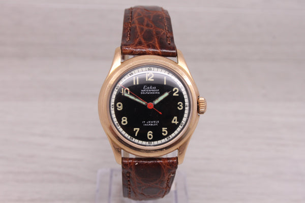Vintage c1950's Eska 33mm 14k Pink Gold Screw Back Mens Bumper Automatic Watch