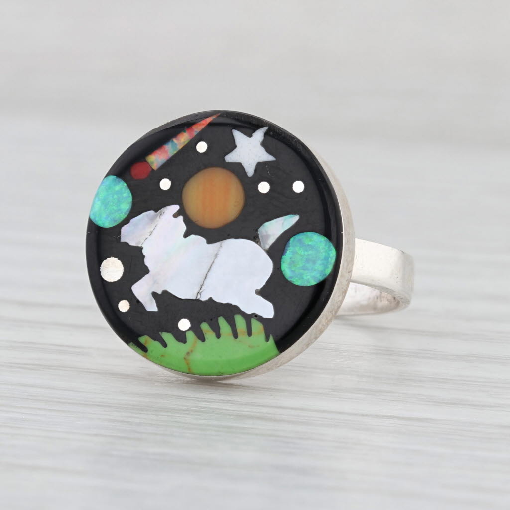 Capricorn Sheep Star Sign Ring Stone Mosaic Resin Sterling Silver Size 7.75-8