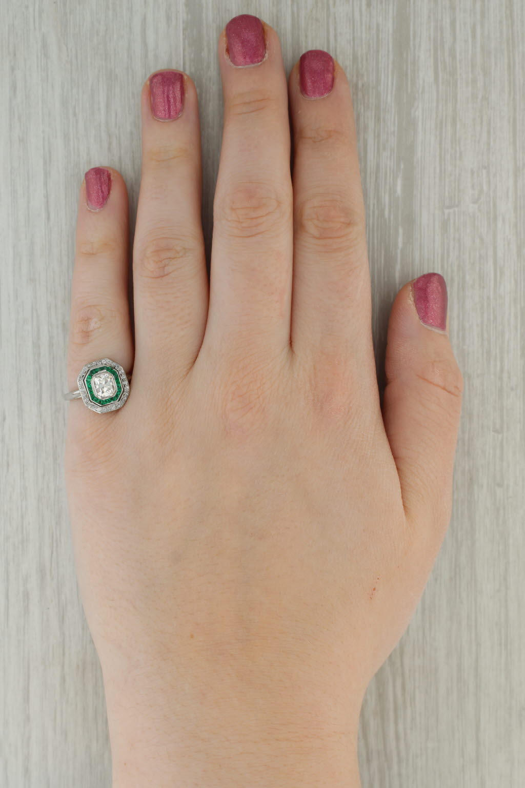 Rosy Brown Vintage 1.25ctw Emerald Diamod Halo Ring 14K Gold Platinum Size 6.25 Engagement