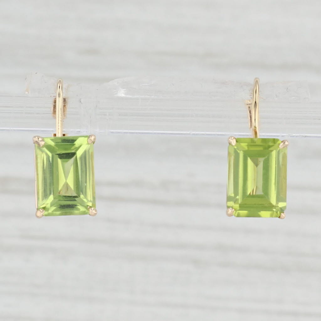 Light Gray 3.4ctw Peridot Drop Earrings 14k Yellow Gold Emerald Cut August Birthstone