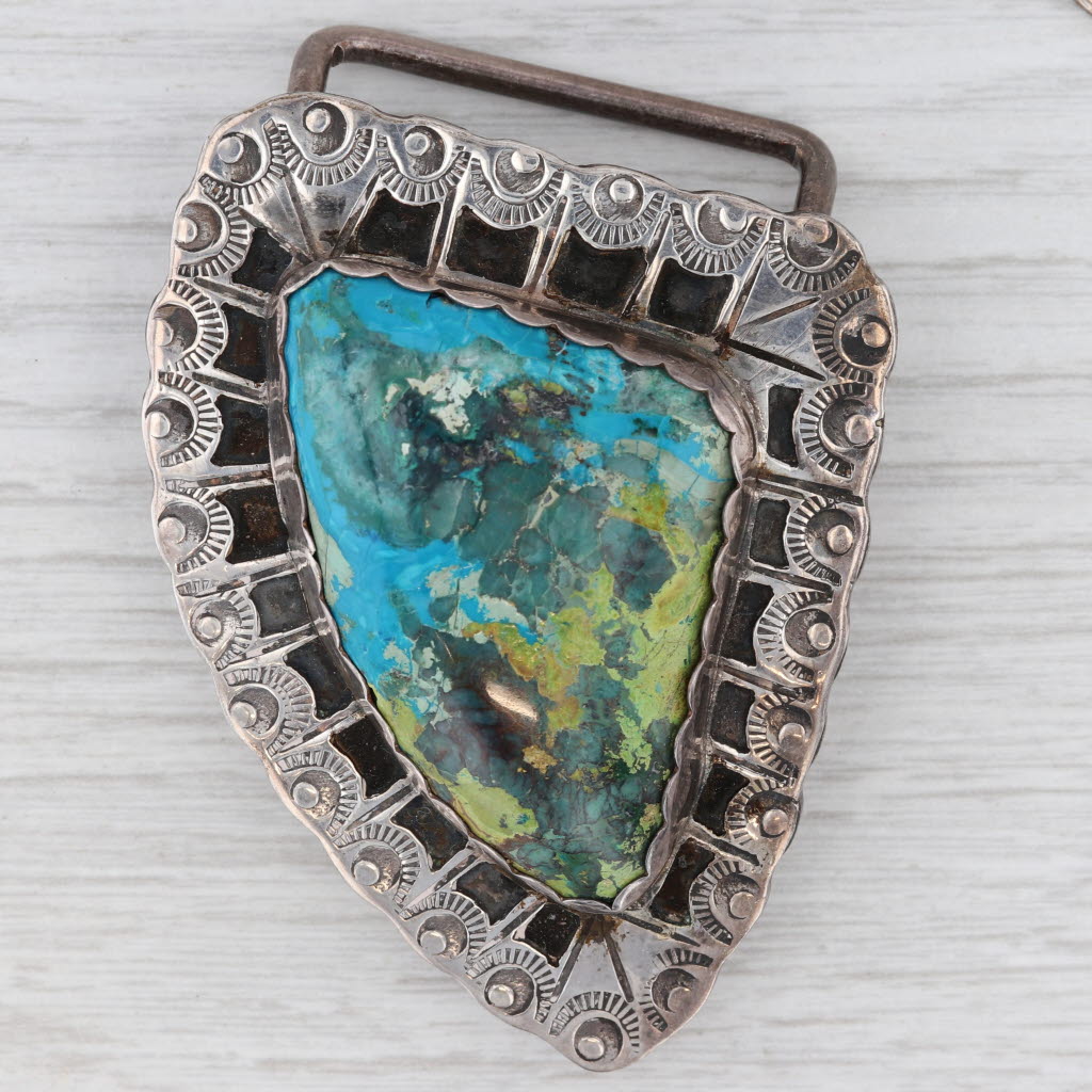Gray Shattuckite Cabochon Belt Buckle Sterling Silver Signed Vintage Native American