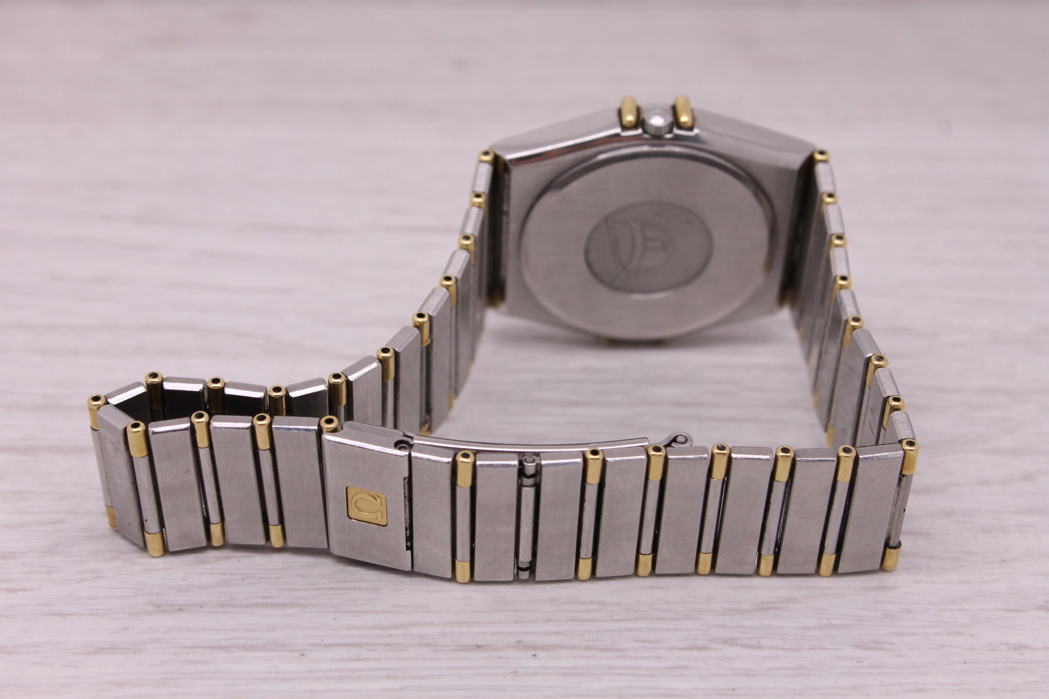 Gray Omega Constellation 33mm Mens Steel & Gold Half Bar Quartz Watch Large Bracelet