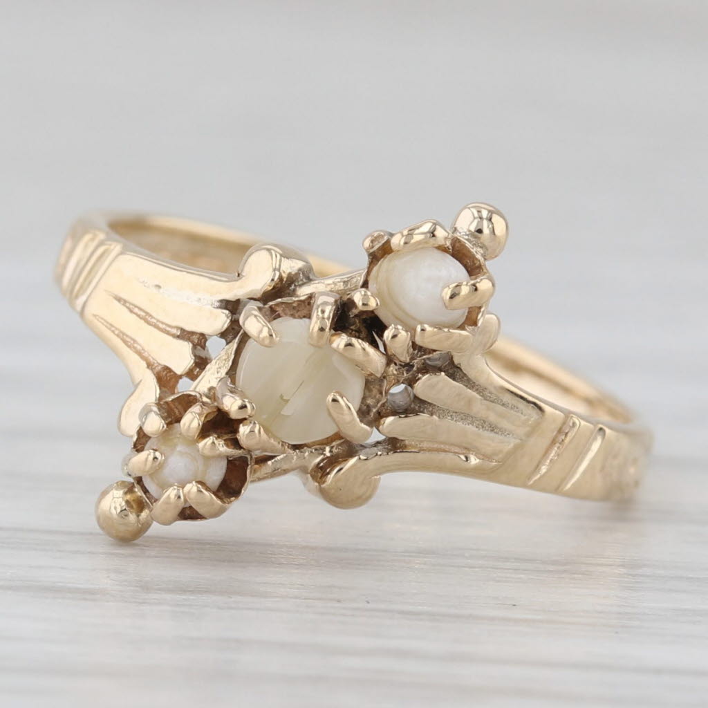 Gray Victorian 3-Stone Cultured Pearl Bypass Ring 14k Yellow Gold Size 4.5
