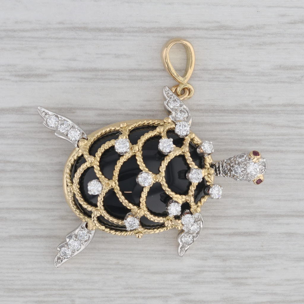 Gray Hammerman Brothers Diamond Ruby Onyx Sea Turtle Pendant 18k Gold Platinum