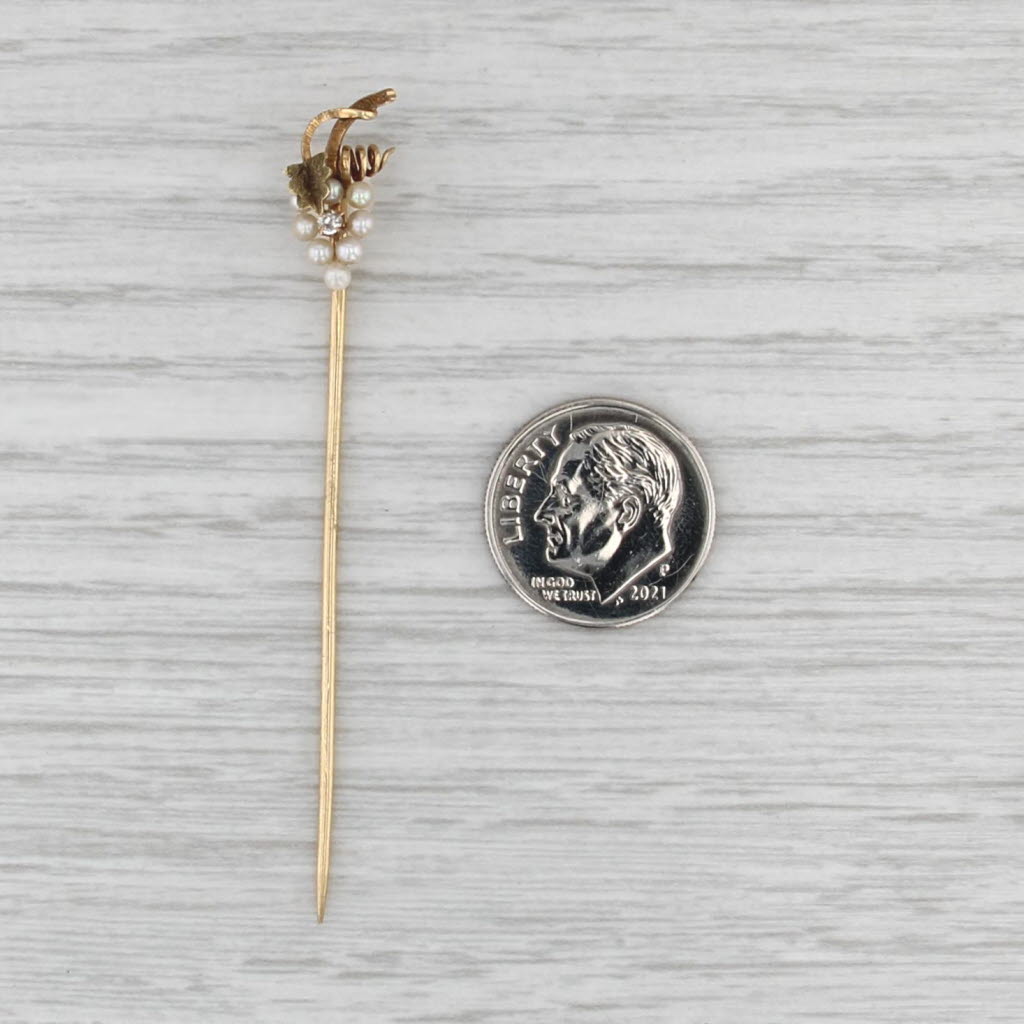 Antique Diamond Pearl Grape Bunch Stickpin 14k Yellow Gold