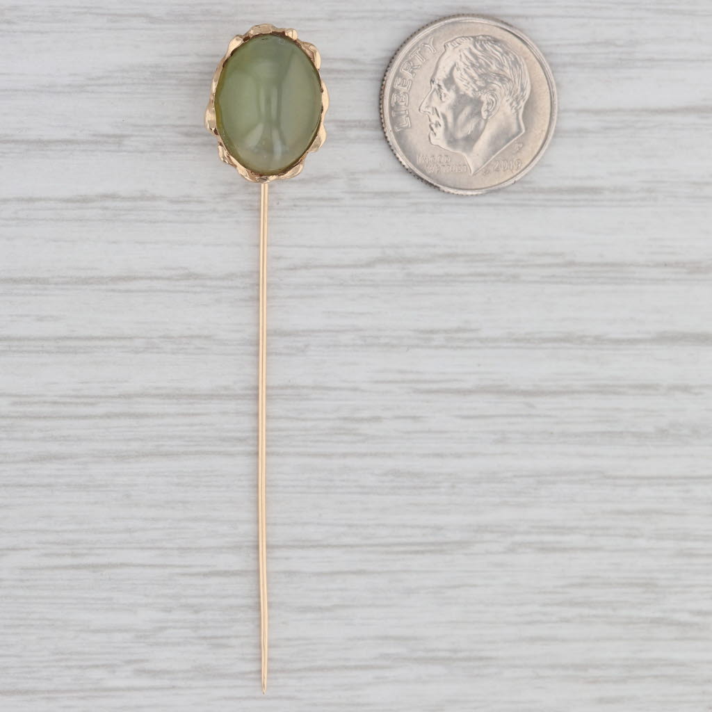 Light Gray Vintage Cat’s Eye Actinolite Stickpin 14k 10k Gold Oval Cabochon Solitaire