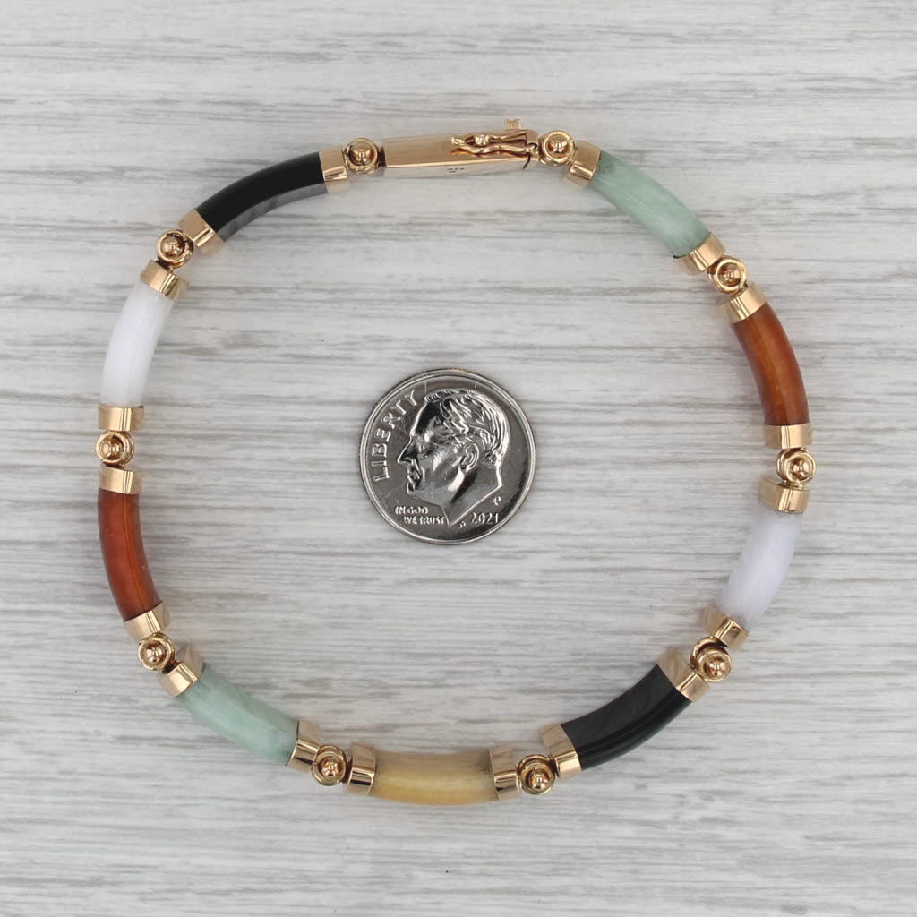 Multicolor Nephrite Jadeite Jade Link Bracelet 14k Yellow Gold 7.75" 11.3mm
