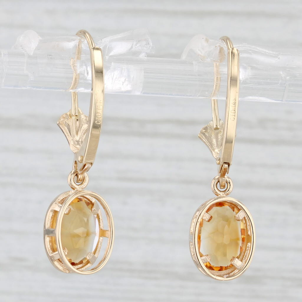 Light Gray 1.40ctw Oval Citrine Dangle Earrings 14k Yellow Gold Drops Lever Backs