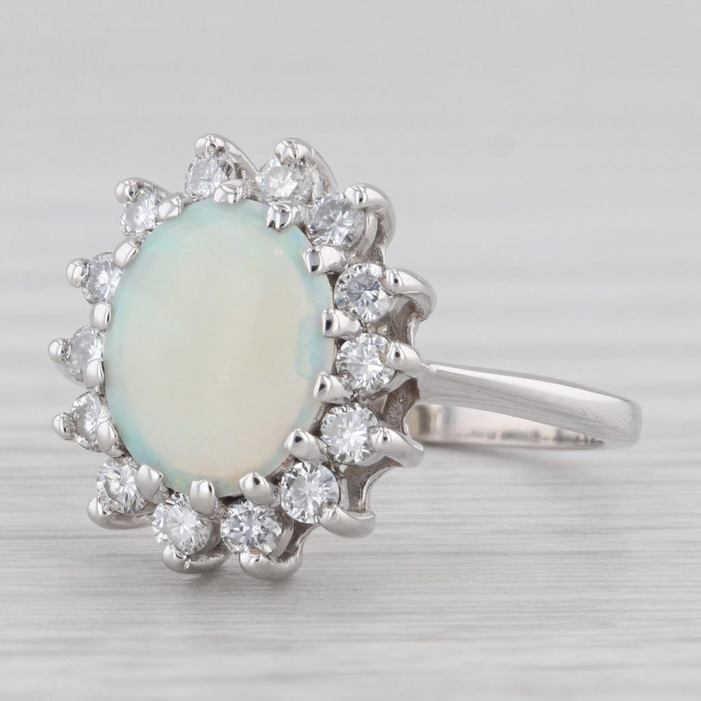 Light Gray Oval Opal Cabochon Diamond Halo Ring 14k White Gold Size 6.5