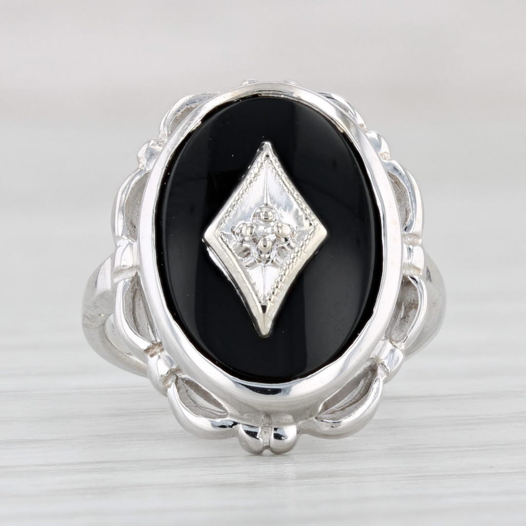 Light Gray Vintage Onyx Diamond Signet Ring 10k White Gold Size 2.25