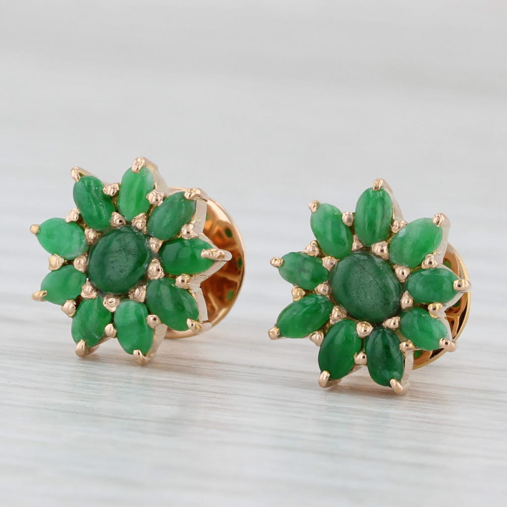 Light Gray Vintage Green Jadeite Jade Cluster Flower Stud Earrings 18k Rose Gold