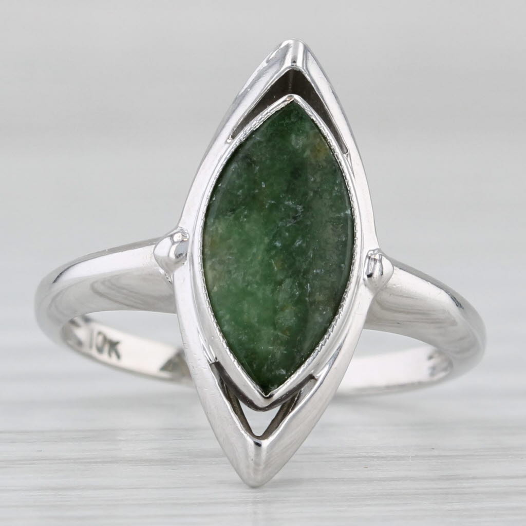 Light Gray Nephrite Jade Navette Cabochon Solitaire Ring 10k White Gold Size 4.5