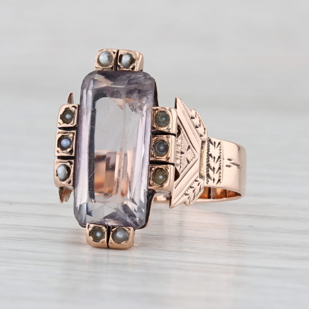 Victorian Pale Amethyst Seed Pearl Ring 10k Yellow Gold Size 7.5 Antique