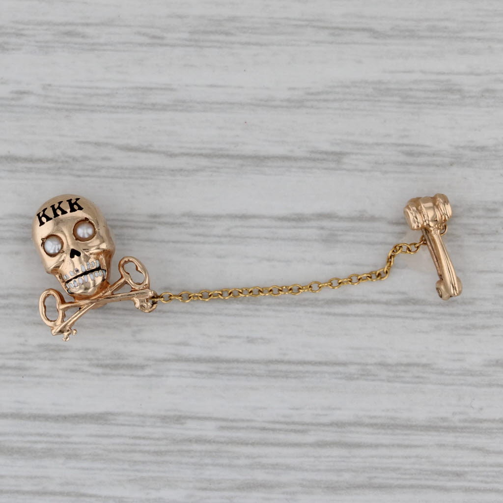 Gray Kappa Kappa Kappa Skull Badge 10k Gold Pearls Tri Kappa Pin