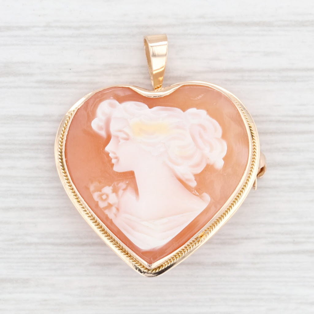 Antique White Carved Shell Cameo Heart Brooch Pendant 14k Yellow Gold Italian Figural Pin