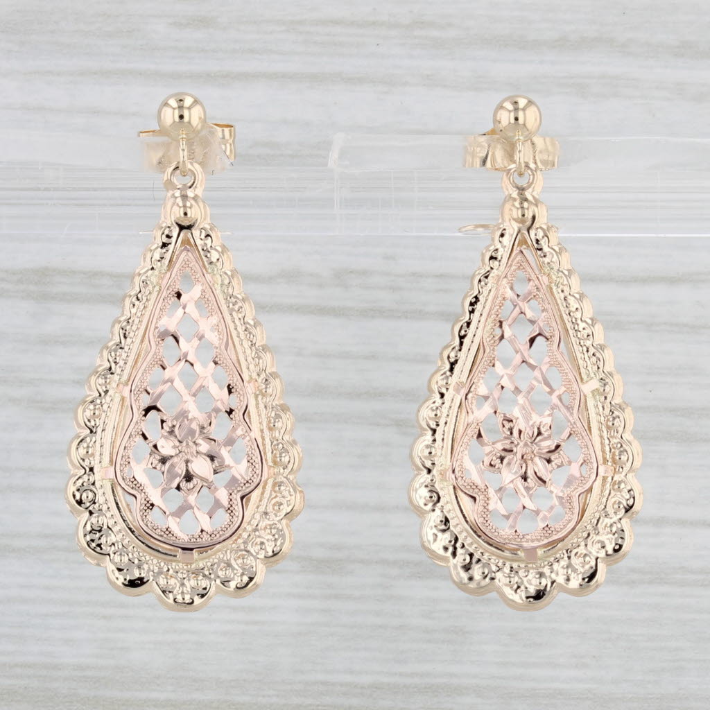 Light Gray Floral Lattice Work Teardrop Earrings 14k Yellow Rose Gold Pierced Drops