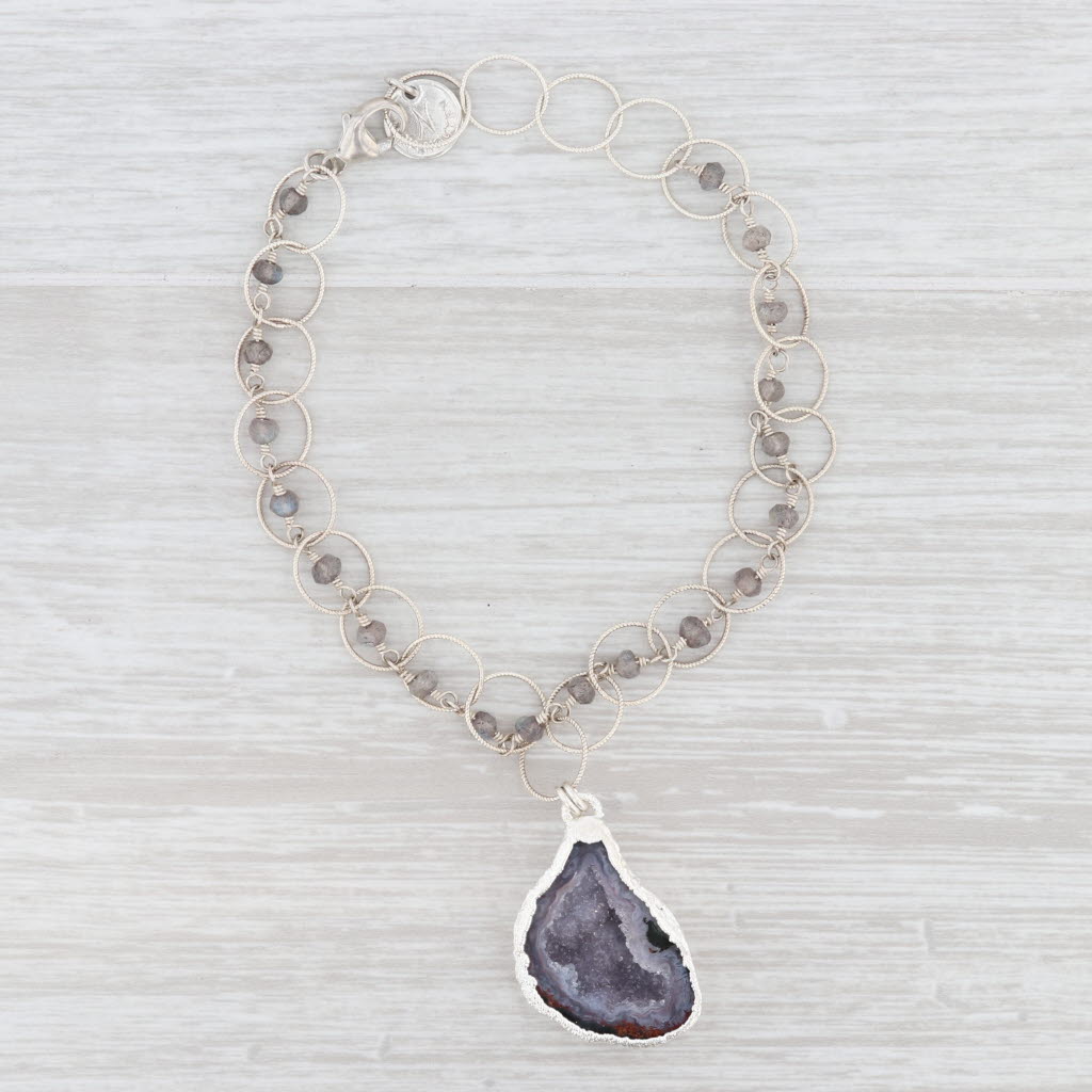 New Nina Wynn Charm Bracelet Sterling Druzy Geode Quartz Labradorite Bead 7.5"