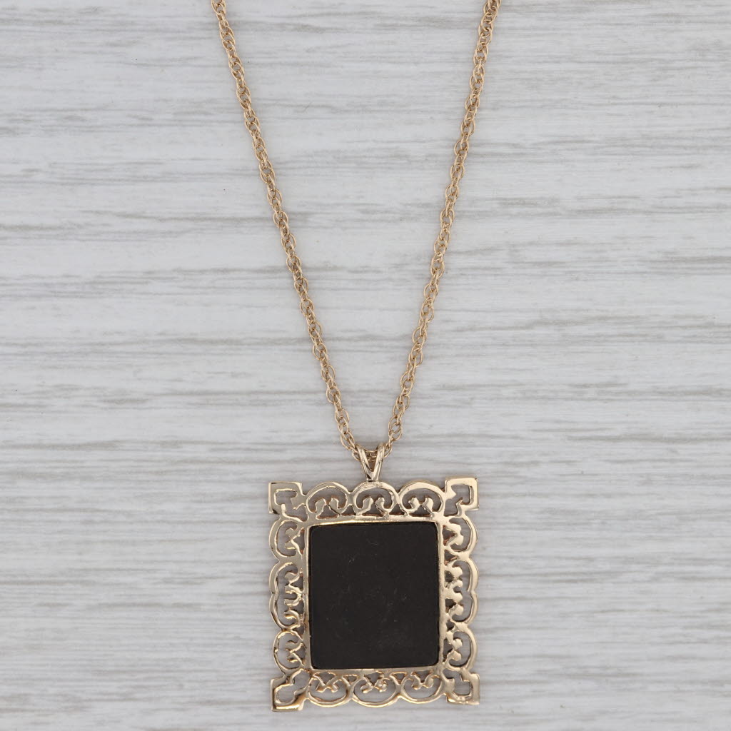 Gray Ammolite Quartz Ornate Framed Pendant Necklace 14k Yellow Gold 15" Rope Chain