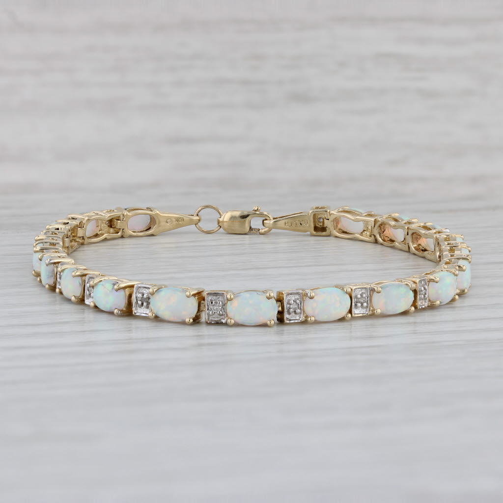 Gray Lab Created Opal Diamond Tennis Bracelet 10k Yellow Gold 7.25" 4.3mm