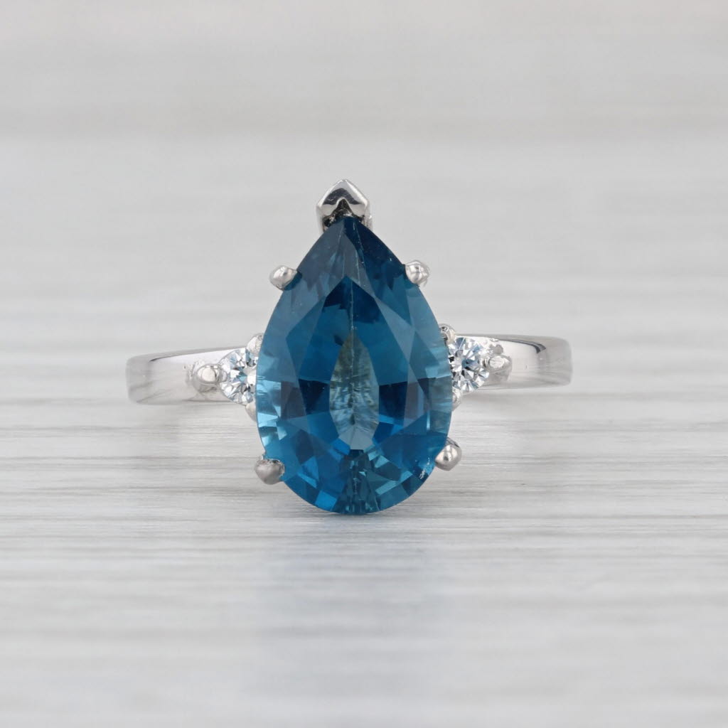 3.33ctw Pear Blue Topaz Diamond 18k White Gold Size 6.25 Teardrop Solitaire