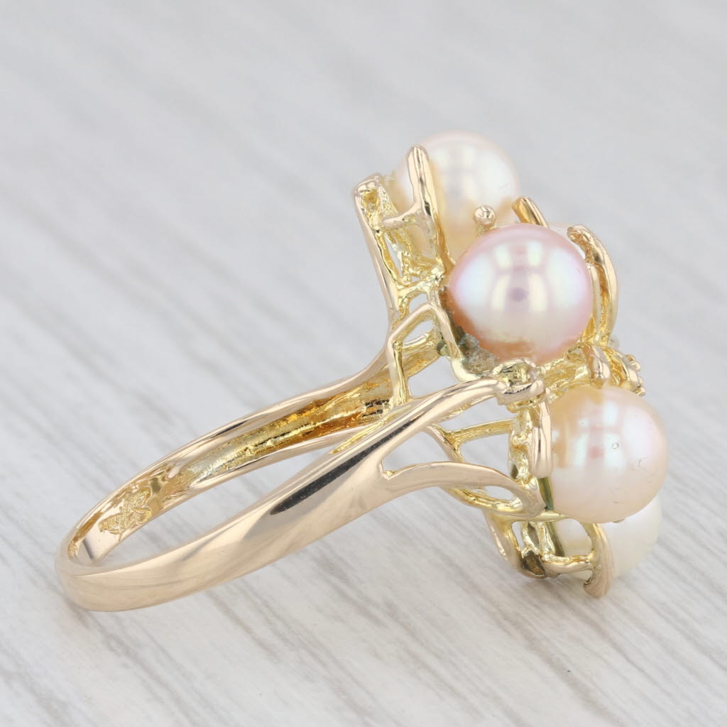 Light Gray Pink White Cultured Pearl Cluster Diamond Ring 14k Yellow Gold Size 7.5