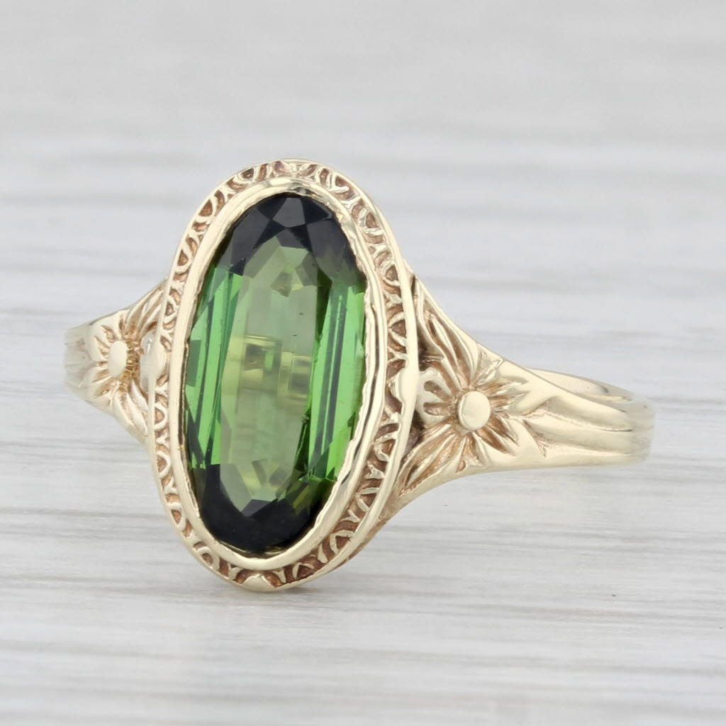 Light Gray Vintage 1.20ct Green Tourmaline Floral Ring 10k Gold Size 4.5 Oval Solitaire