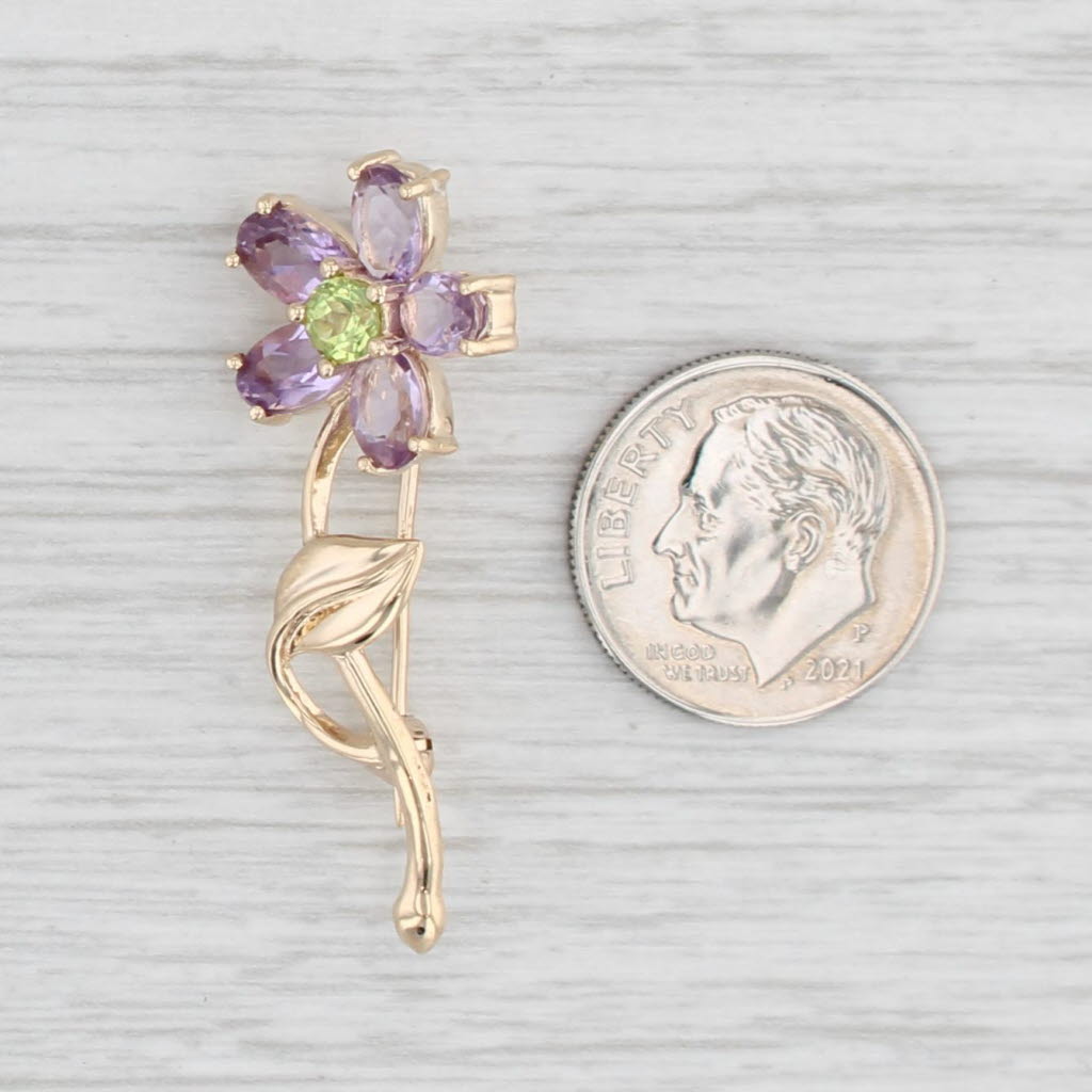 Light Gray 2.55ctw Amethyst Peridot Flower Brooch 10k Yellow Gold Floral Pin