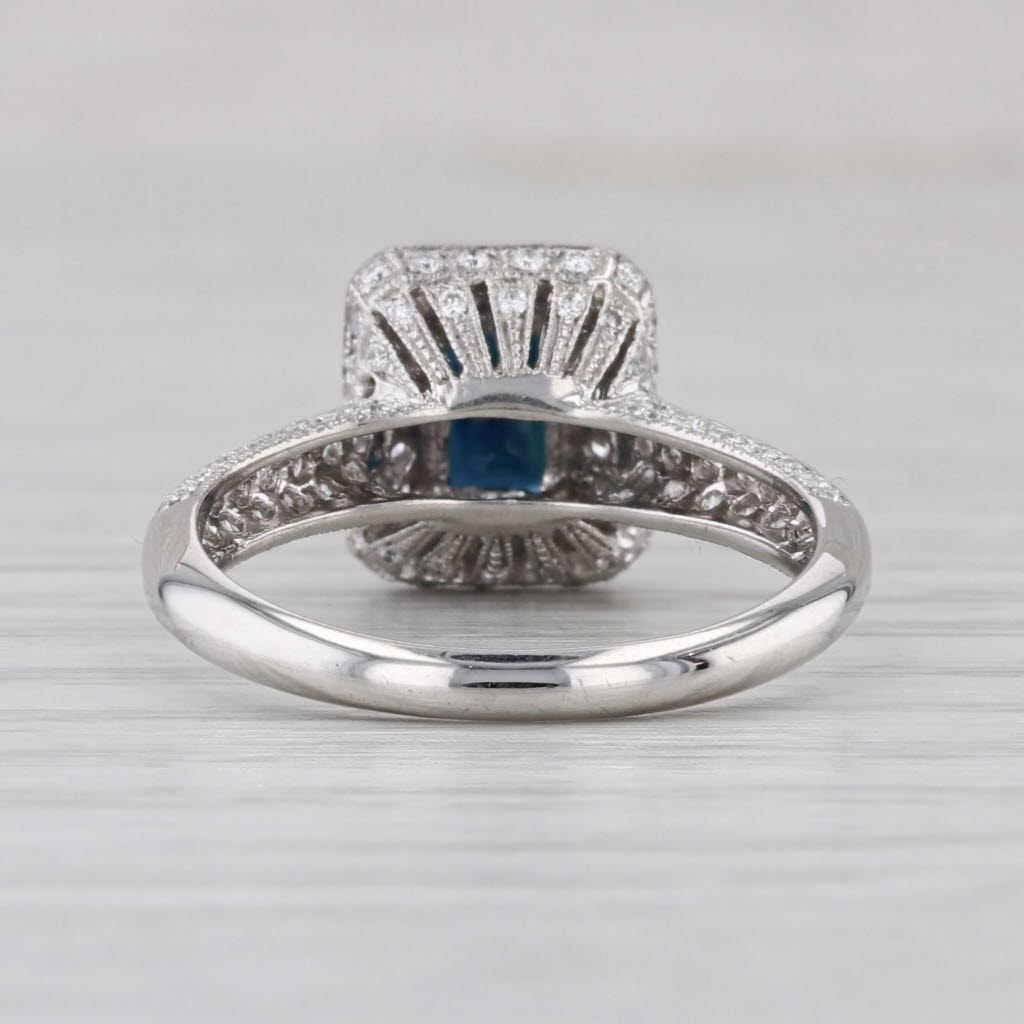 1.58ctw Blue Sapphire Diamond Halo Ring 18k White Gold Size 6.5 Engagement
