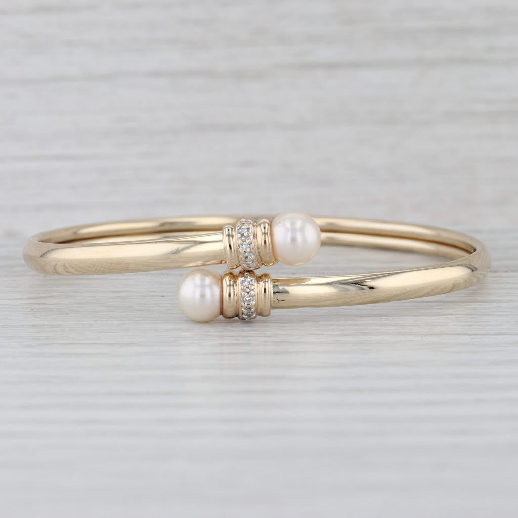 Cultured Pearl Diamond Bypass Bangle Bracelet 14k Yellow Gold 6.5"
