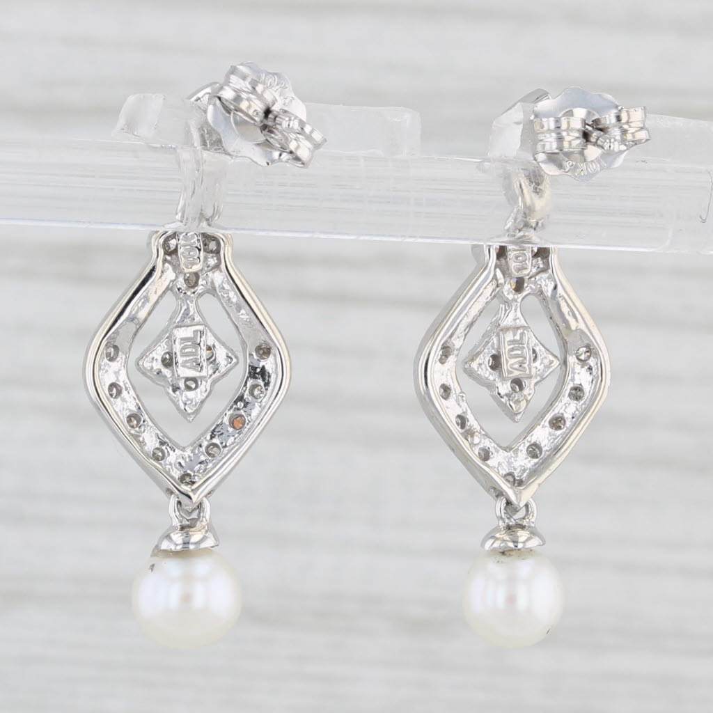 Light Gray Cultured Pearl Diamond Dangle Earrings 10k White Gold Vintage Style Drops