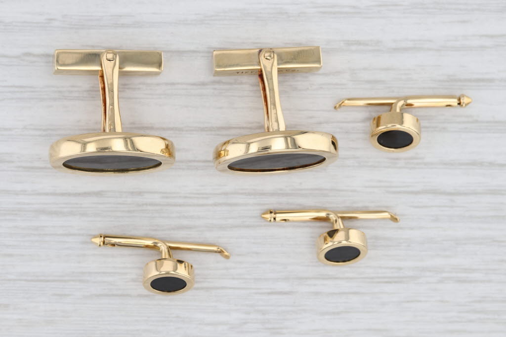 Light Gray Tiffany Onyx Oval Cufflinks Round Shirt Studs Set w/ Box 18k Yellow Gold